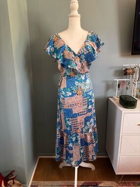 NWT VERNACULAR satin blue Floral bohemian Wrap ruffle Dress